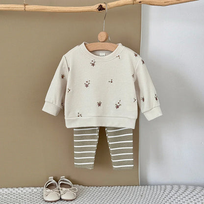 Floral Embroidered Top Striped Pant Set