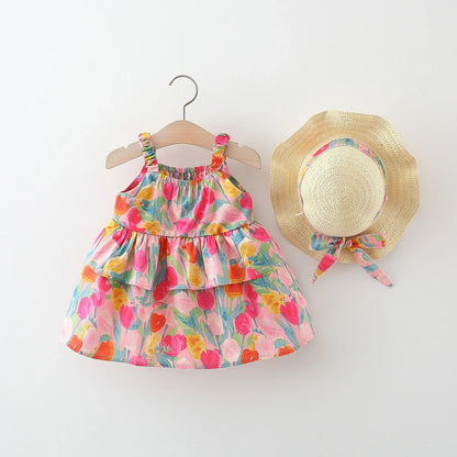 Layered Cotton Floral Dress w Hat