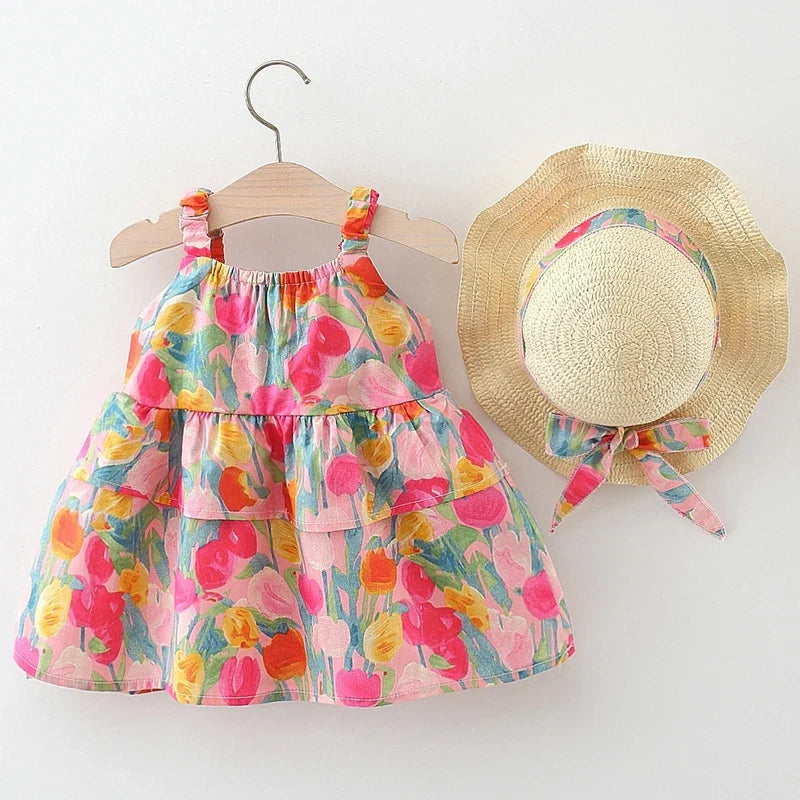 Layered Cotton Floral Dress w Hat