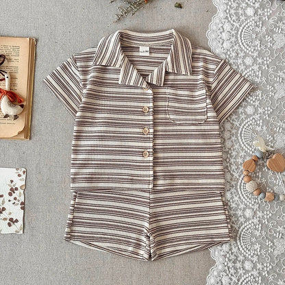 Brown Striped Shirt Shorts Set