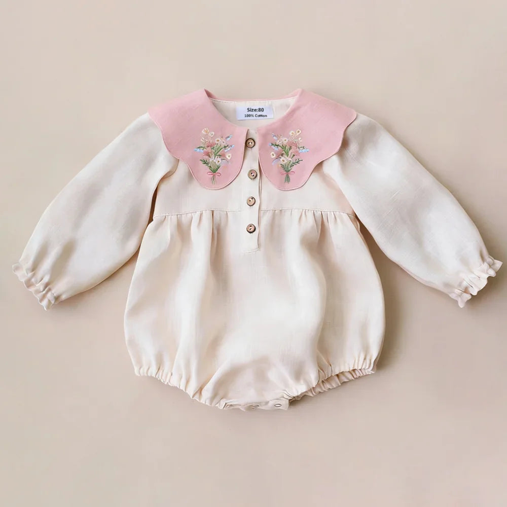 Embroidered Flap Cotton Long Sleeve Romper