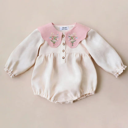 Embroidered Flap Cotton Long Sleeve Romper