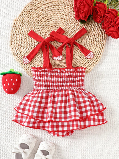 Strawberry Plaid  Layered Romper