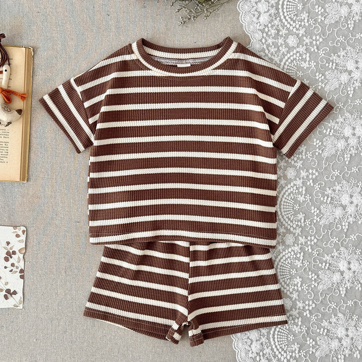 Brown Striped Waffle Shorts Set