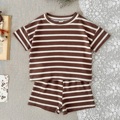 Brown Striped Waffle Shorts Set