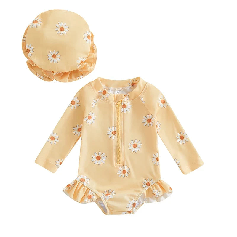 Floral Rash Guard Swimsuit with Hat Set