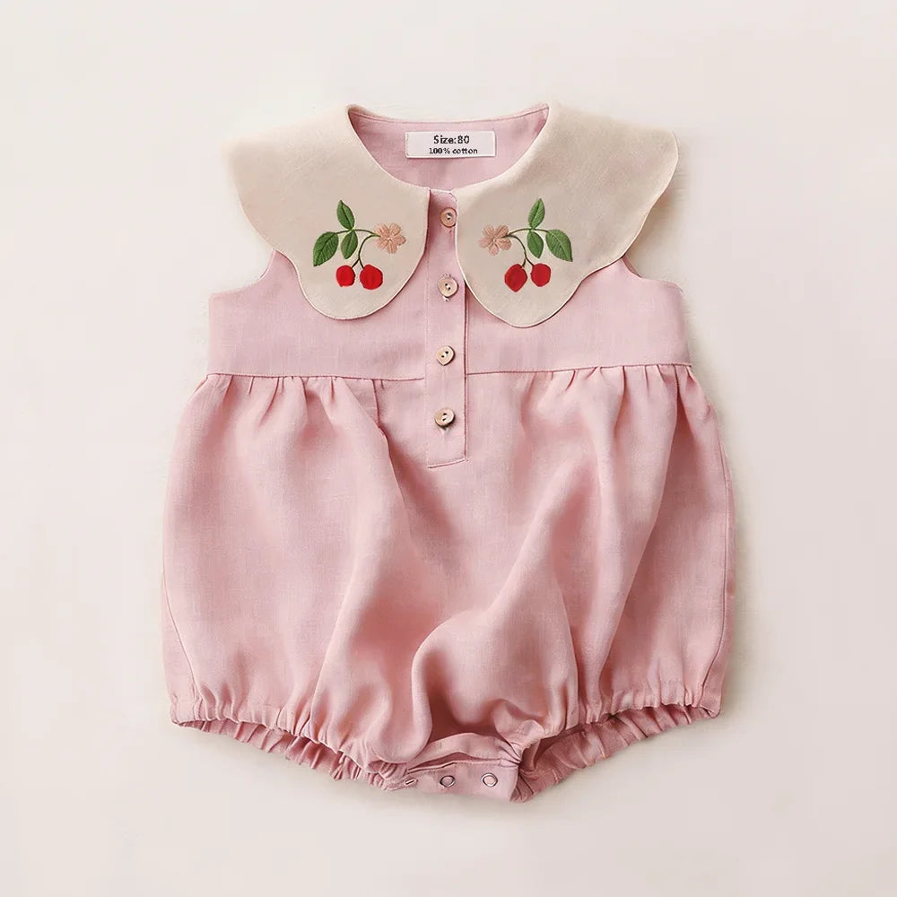 Embroidered Flap Cotton Long Sleeve Romper
