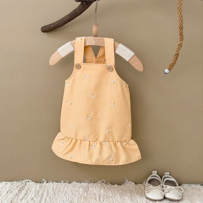Yellow Floral Embroidery Suspender Dress