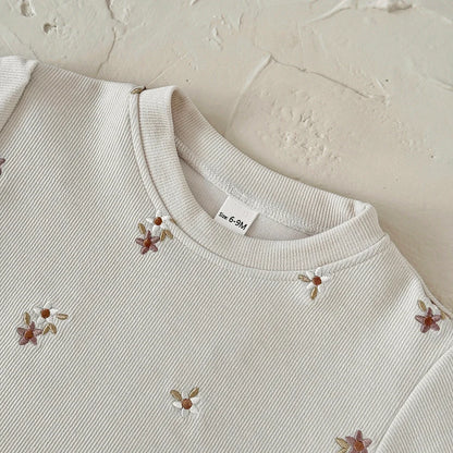 Floral Embroidered Top Striped Pant Set