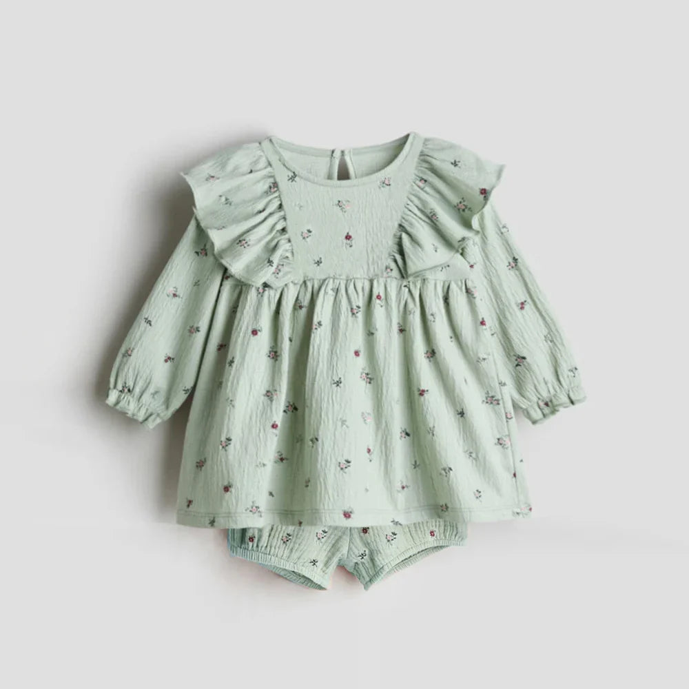 Ruffle Floral Cotton Shorts Set