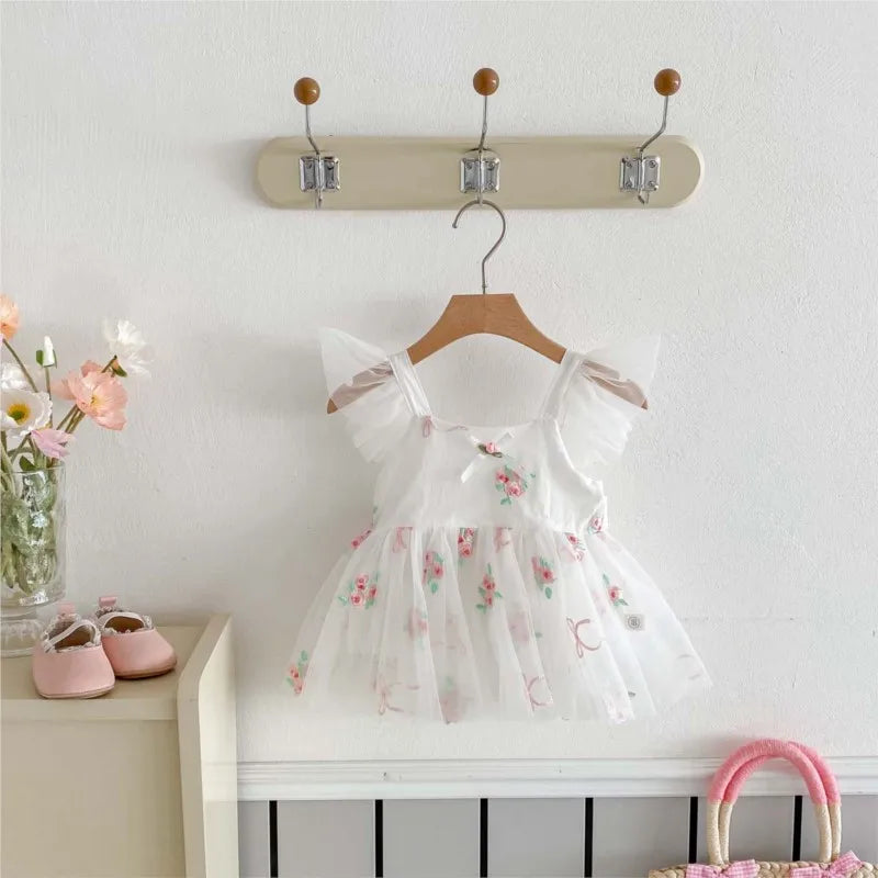 Fly Sleeve Floral Tulle Dress
