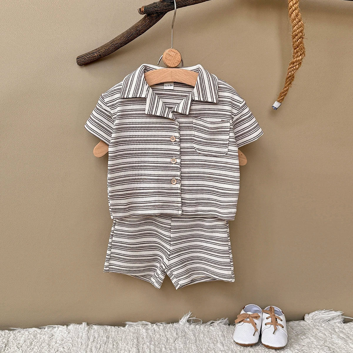Brown Striped Shirt Shorts Set