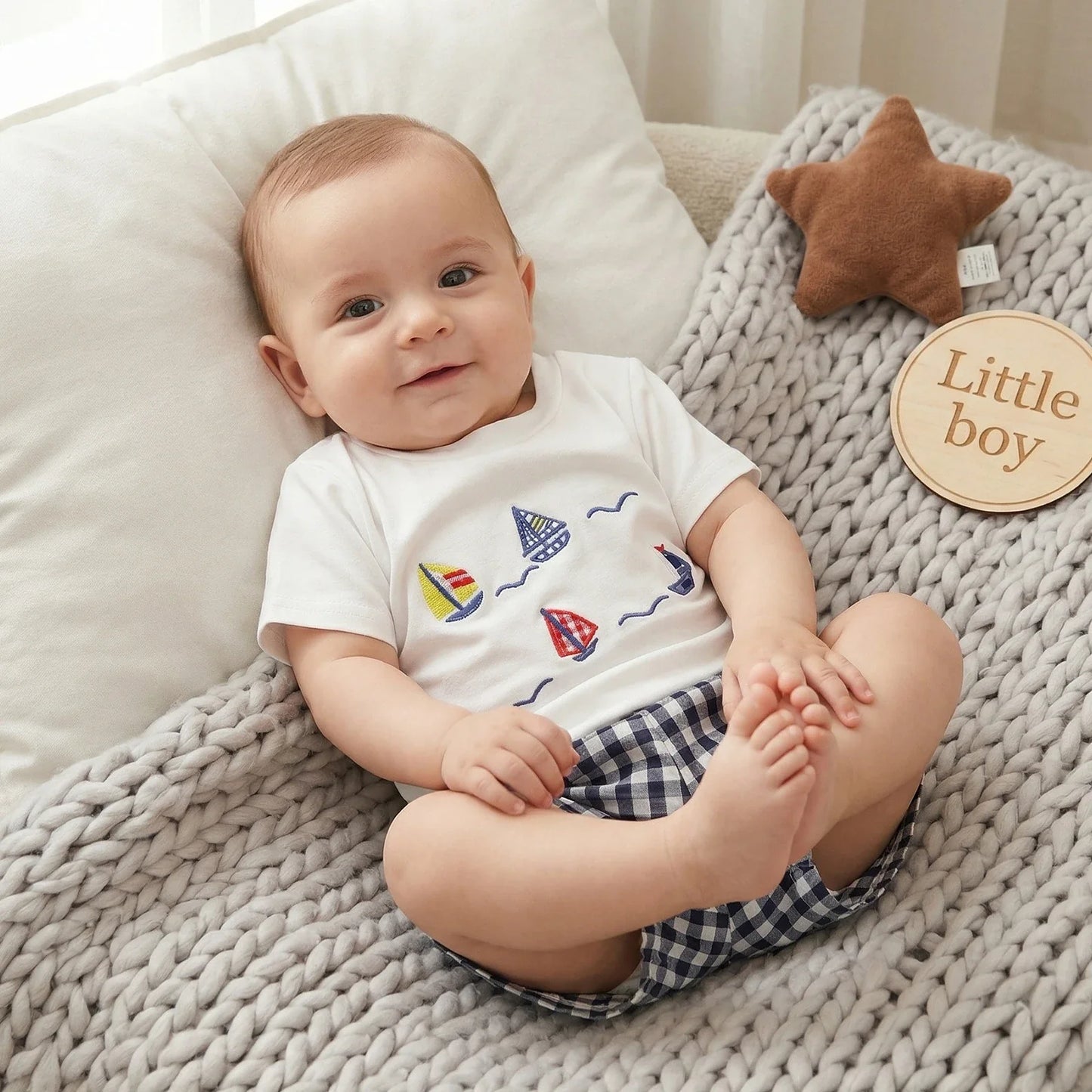 Sailboat Embroidery Plaid Shorts Set