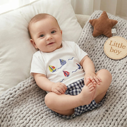 Sailboat Embroidery Plaid Shorts Set
