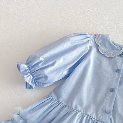Embroidered Ribbon Collar Frill Dress