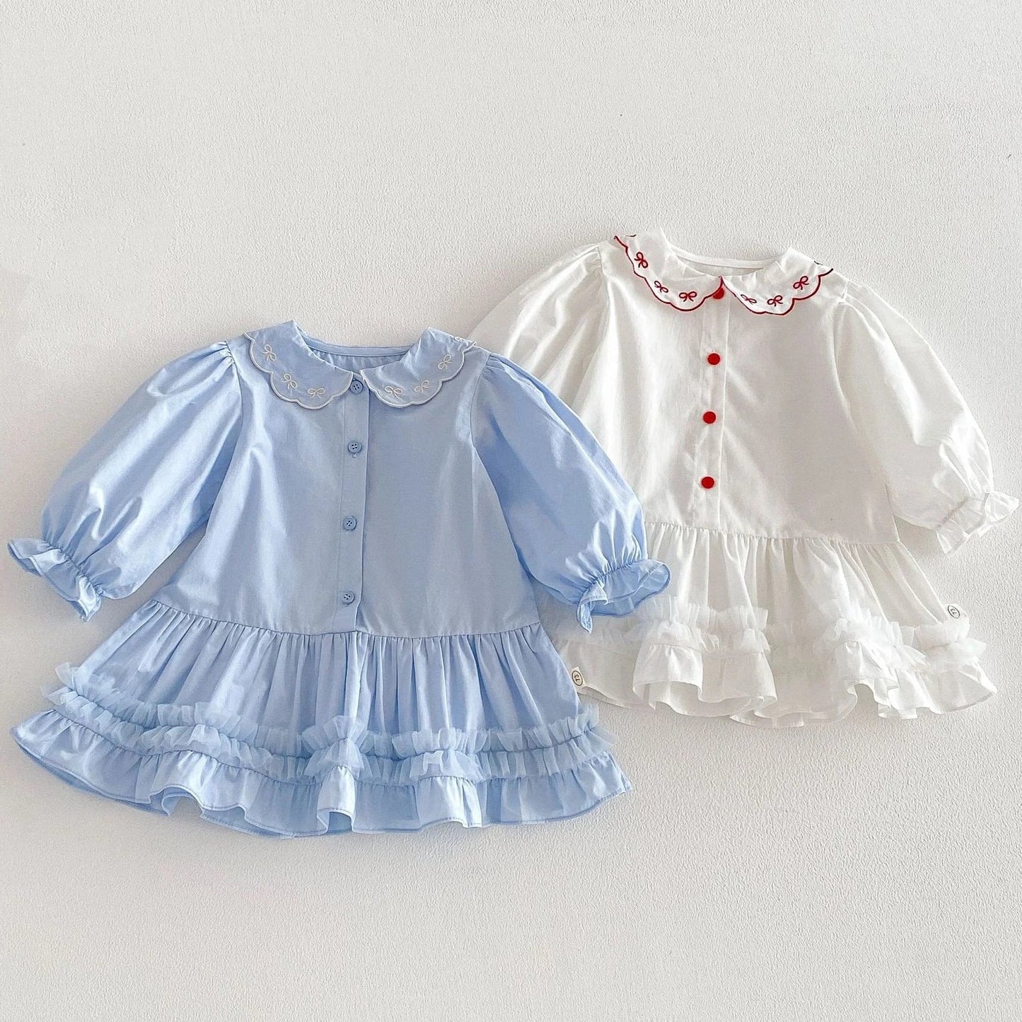 Embroidered Ribbon Collar Frill Dress