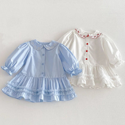 Embroidered Ribbon Collar Frill Dress