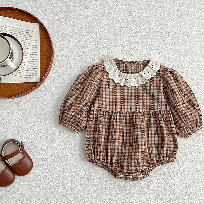 Lace Collar Checkered Romper