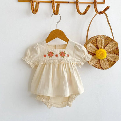 Flower Embroidered Short Sleeve Set