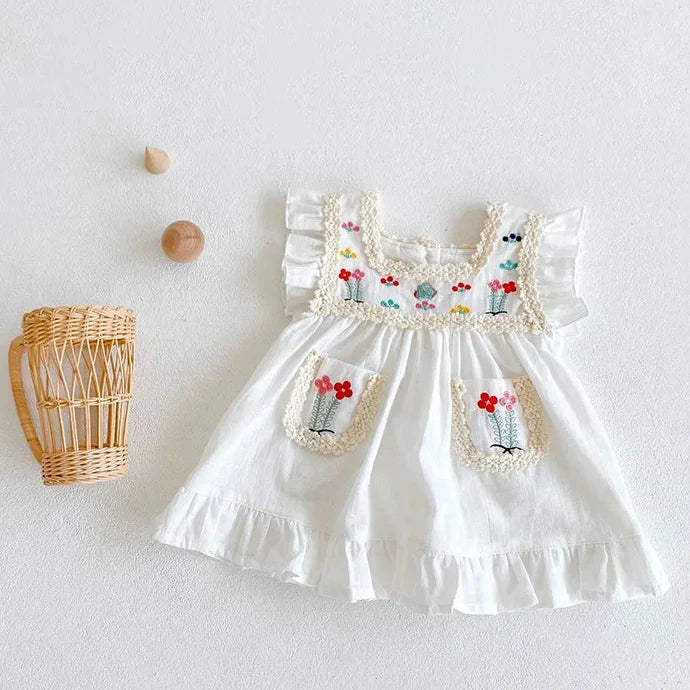 White Frill Embroidery Dress