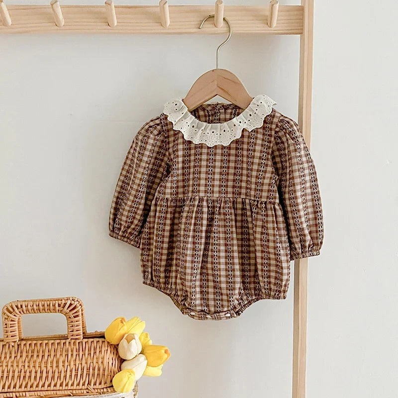 Lace Collar Checkered Romper