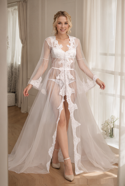 Pearl Beaded Lace Hem Long Robe with Satin Nightgown