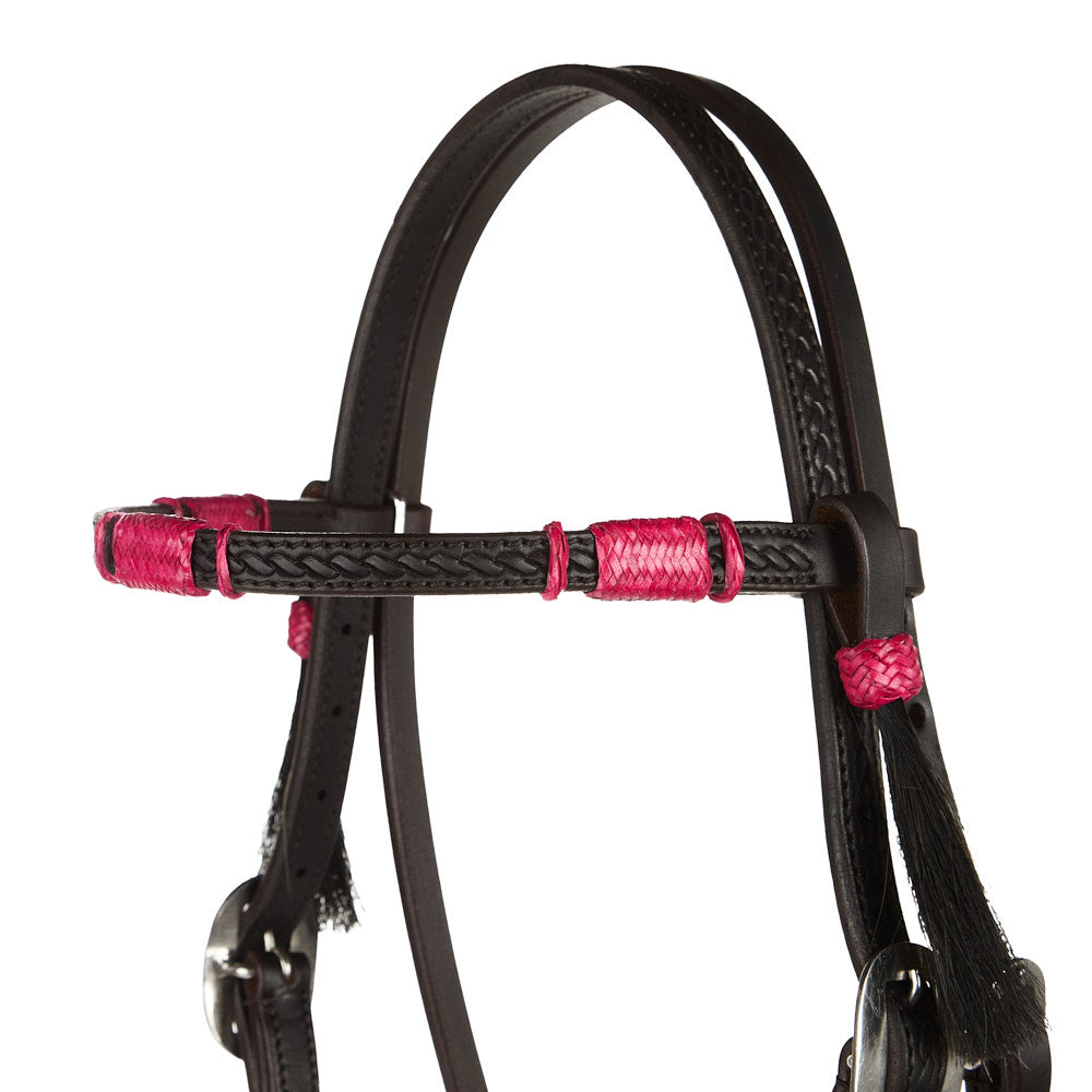 WD-RRSBH-P Hot Pink Rawhide Rope Tooled Browband Headstall