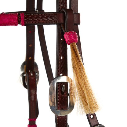 WD-RRSBH-P Hot Pink Rawhide Rope Tooled Browband Headstall