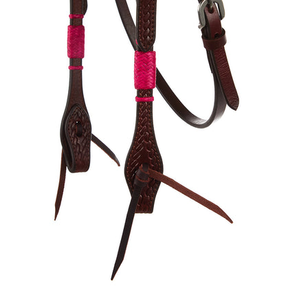 WD-RRSBH-P Hot Pink Rawhide Rope Tooled Browband Headstall