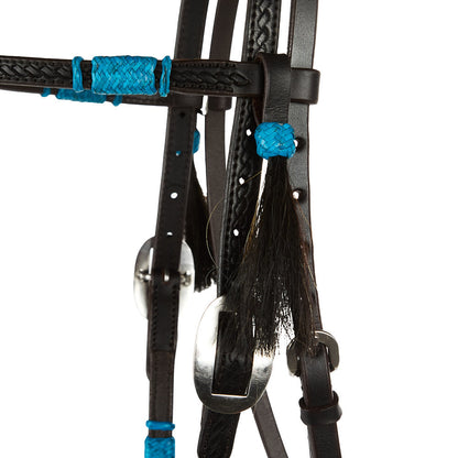 WD-RRSBH-T Turquoise Rawhide Rope Tooled Browband Headstall
