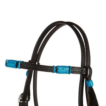 WD-RRSBH-T Turquoise Rawhide Rope Tooled Browband Headstall