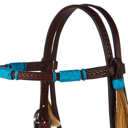 WD-RRSBH-T Turquoise Rawhide Rope Tooled Browband Headstall