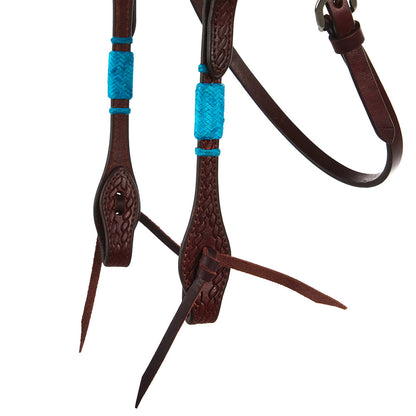WD-RRSBH-T Turquoise Rawhide Rope Tooled Browband Headstall