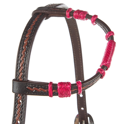 WD-RRSEH-HP Hot Pink Rawhide Rope Tooled Single Ear Headstall