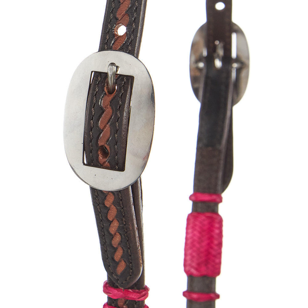WD-RRSEH-HP Hot Pink Rawhide Rope Tooled Single Ear Headstall
