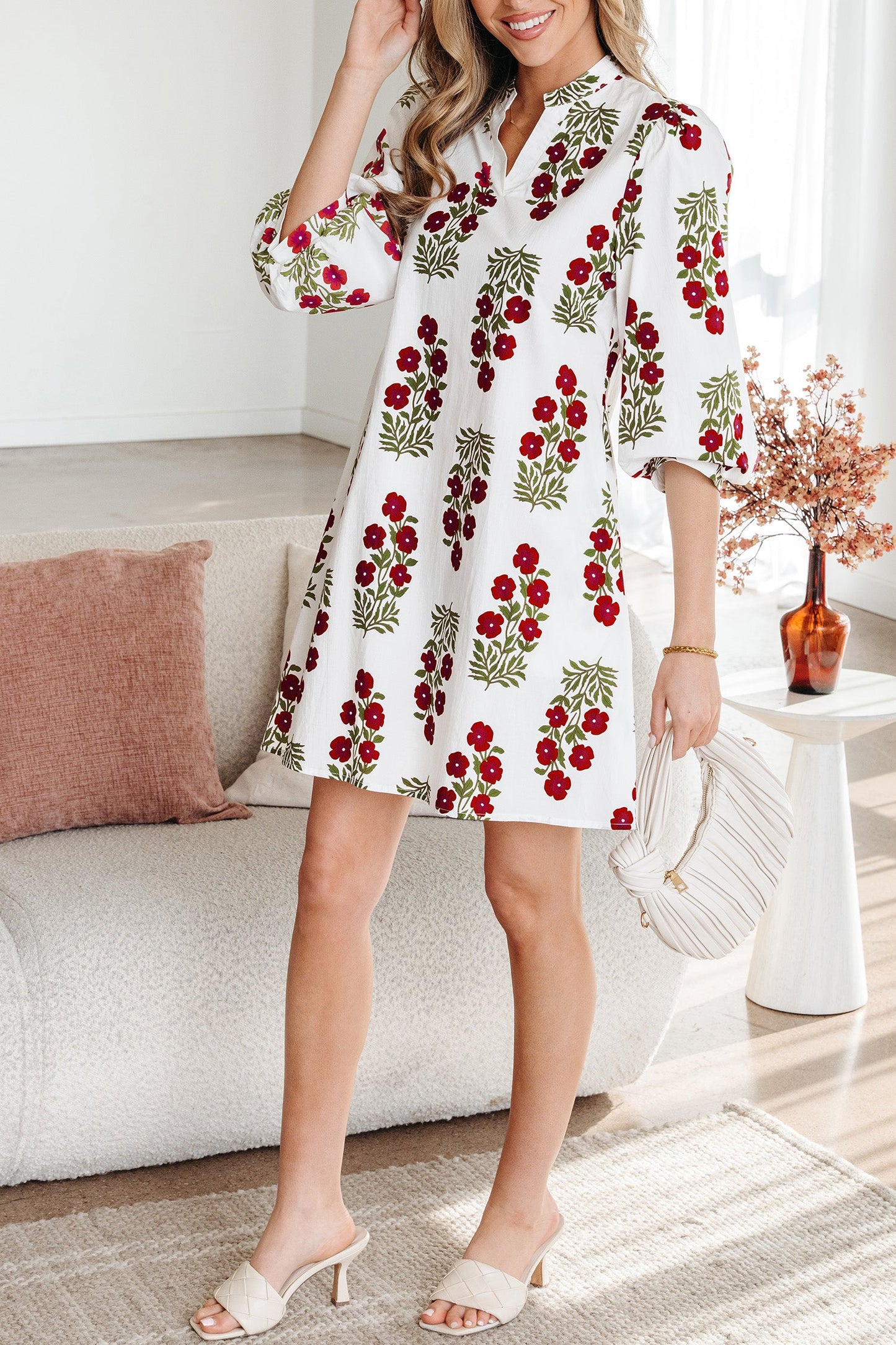 Floral V-Neck 3/4 Puff Sleeve Mini Dress