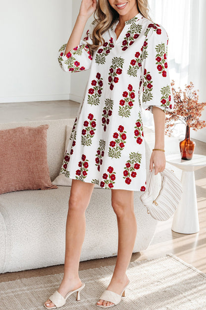 Floral V-Neck 3/4 Puff Sleeve Mini Dress