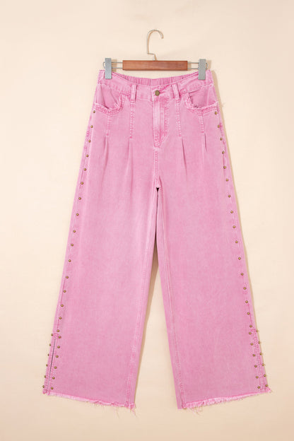 Studded Side Split Hem Wide Leg Jeans