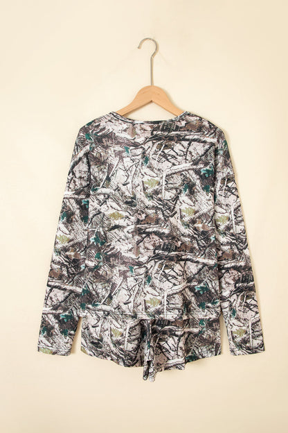 Camo Long Sleeve Top & Elastic Waist Shorts Set