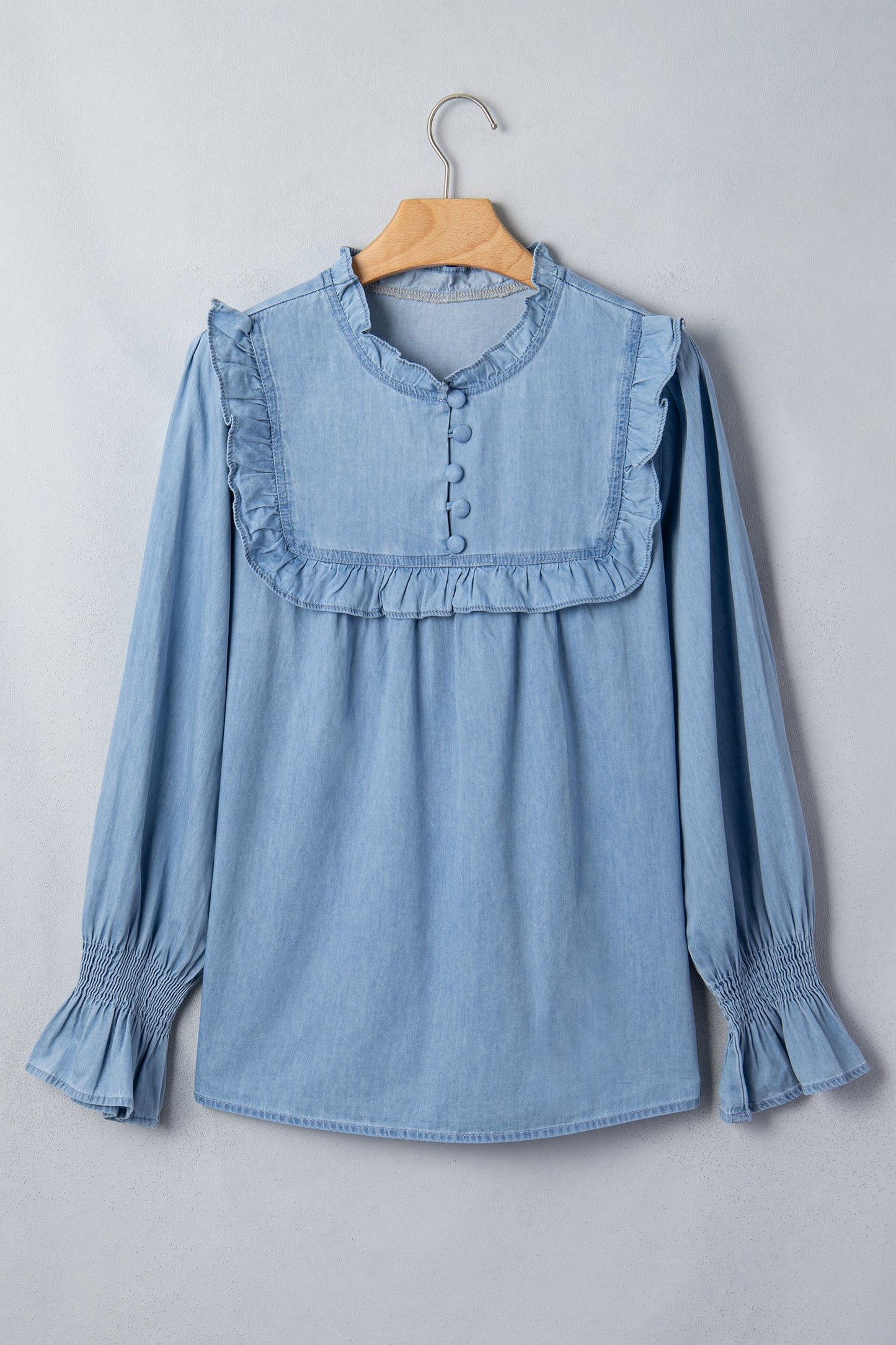 Western Denim Chambray Ruffle V-Neck Long Sleeve Blouse