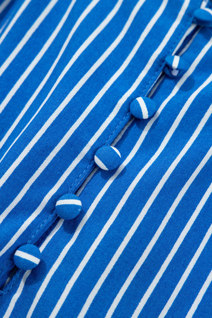 Stripe Ruffle Puff Sleeve Button Front Blouse