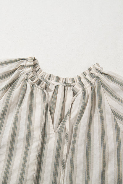 Stripe Frilled Tie-Neck Short Sleeve Blouse