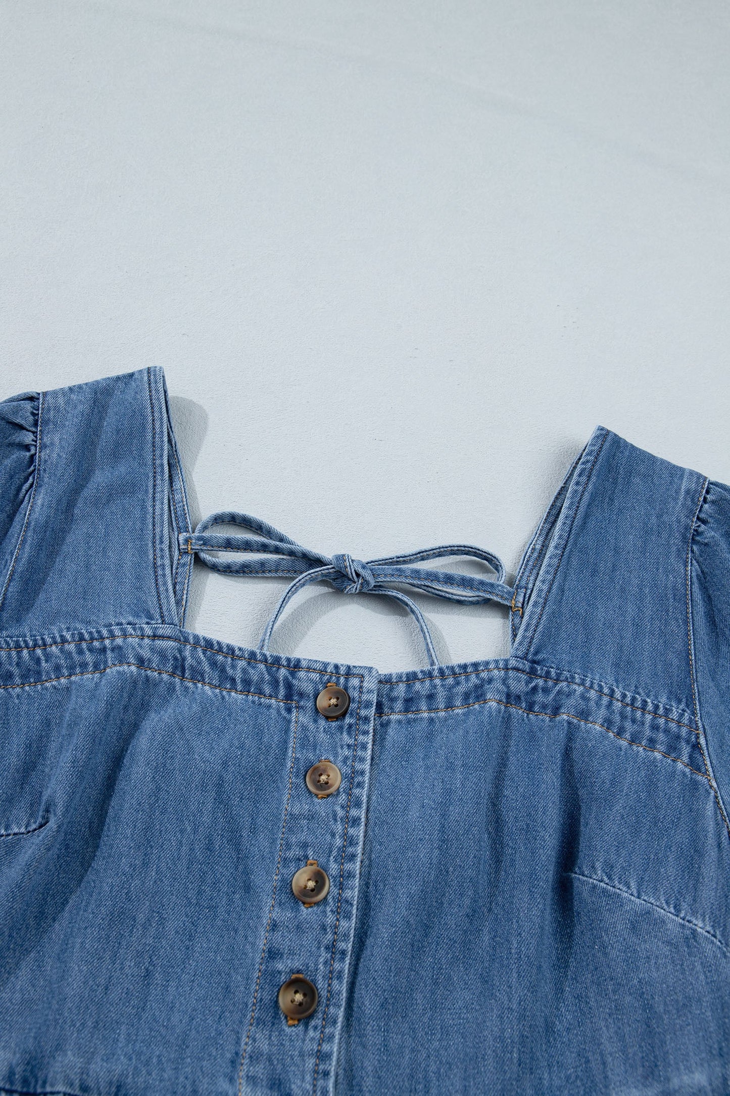 Denim Button Square Neck Puff Sleeve Mini Dress