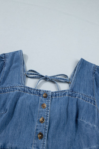 Denim Button Square Neck Puff Sleeve Mini Dress