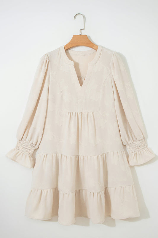 Floral Textured Long Sleeve Tiered Mini Dress