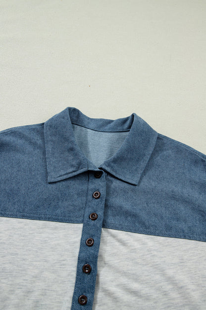 Colorblock Denim Patchwork Buttoned Polo Top
