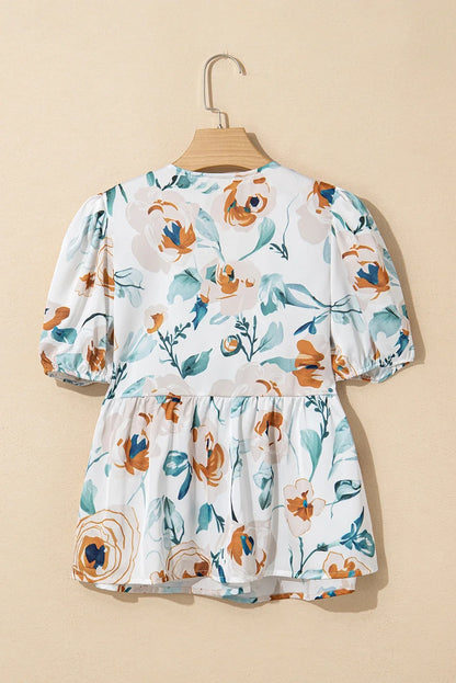 Floral Puff Sleeve V-Neck Babydoll Blouse