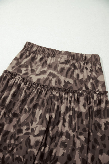 Abstract Leopard Ruffle Tiered Wide Leg Pants
