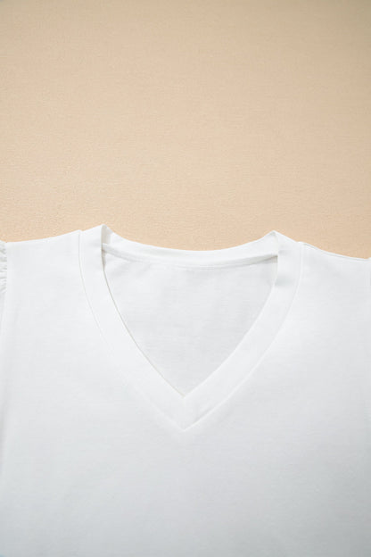 Eyelet Embroidered Flutter Sleeve Patchwork V-Neck Tee