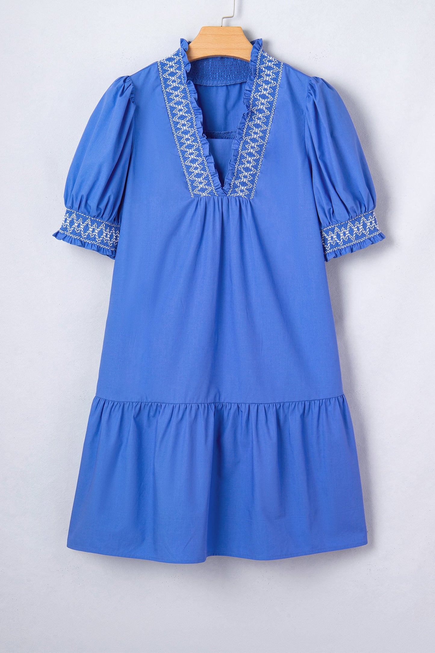 Embroidered Smocked V-Neck Puff Sleeve Mini Dress